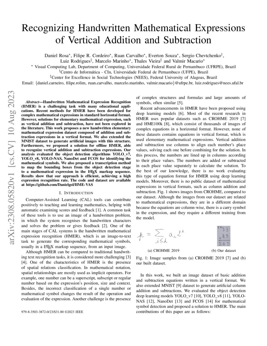 Recognizing Handwritten Mathematical Expressions of Vertical Addition ...