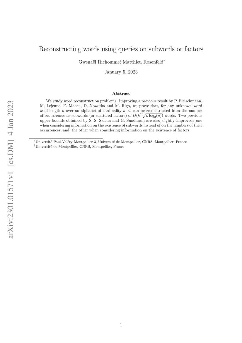 Reconstructing words using queries on subwords or factors DeepAI