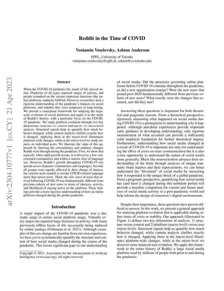 Reddit in the Time of COVID DeepAI