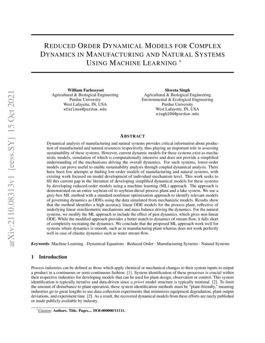 Reduced Order Dynamical Models For Complex Dynamics in Manufacturing ...