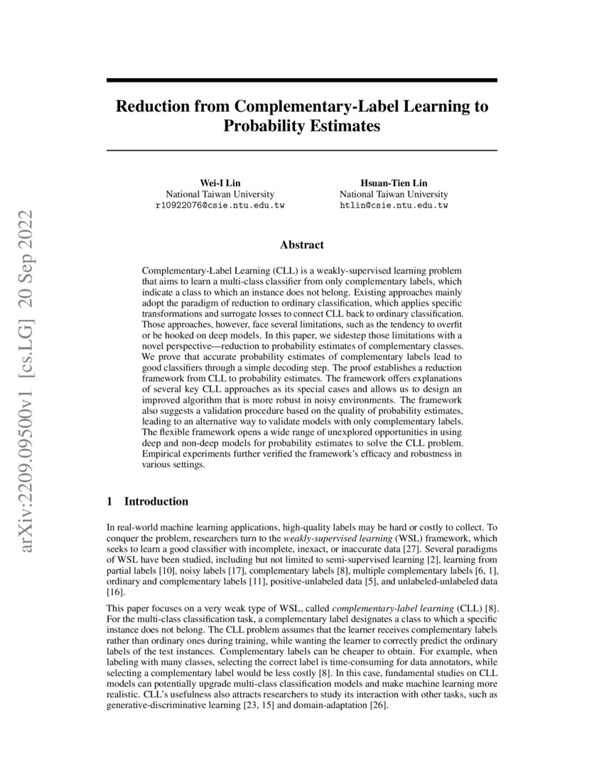 Reduction from Complementary-Label Learning to Probability Estimates ...