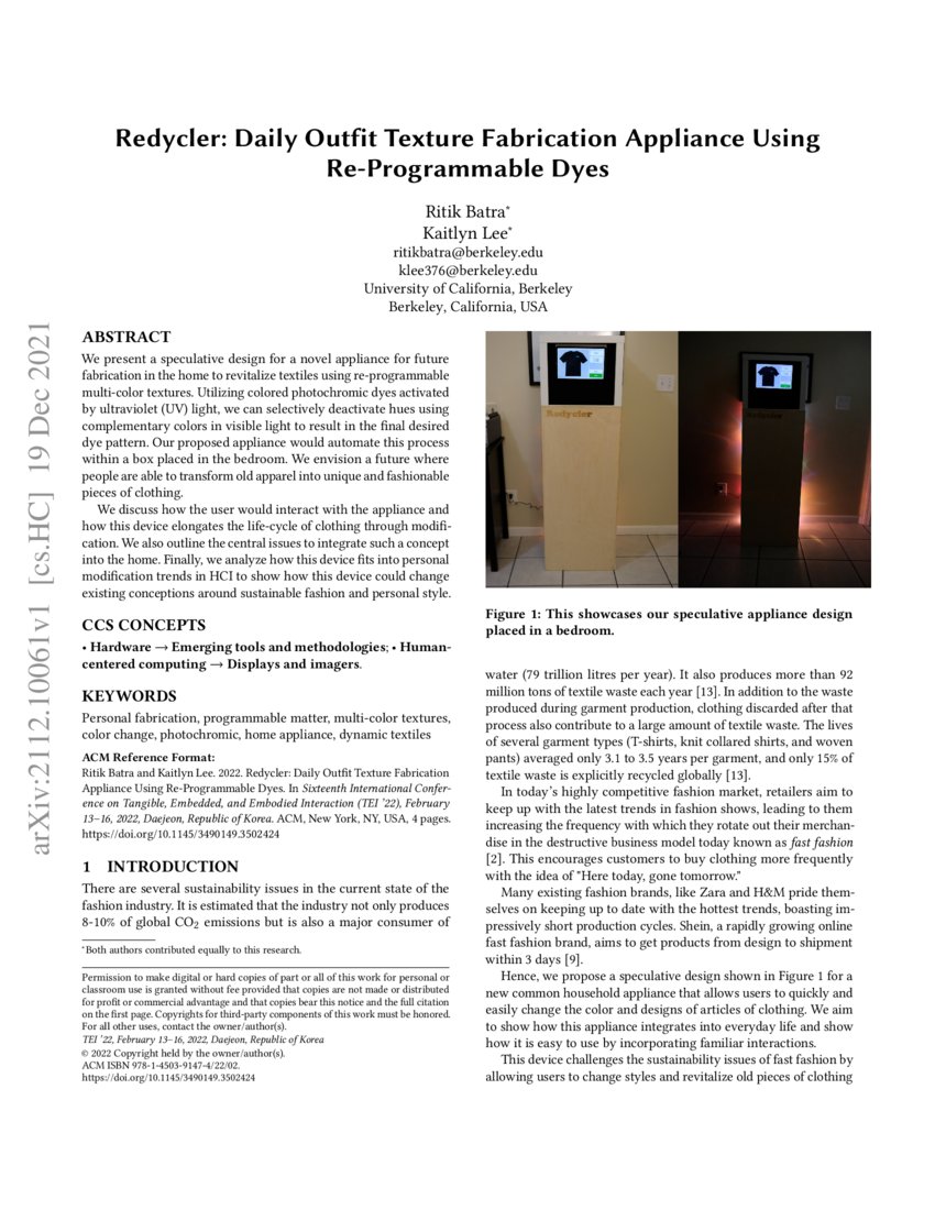 Redycler Daily Outfit Texture Fabrication Appliance Using Re