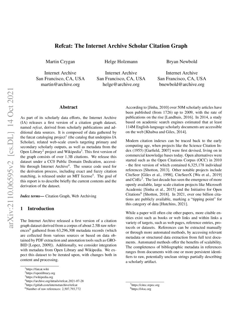 Refcat The Internet Archive Scholar Citation Graph DeepAI Refcat the internet archive scholar citation graph deepai