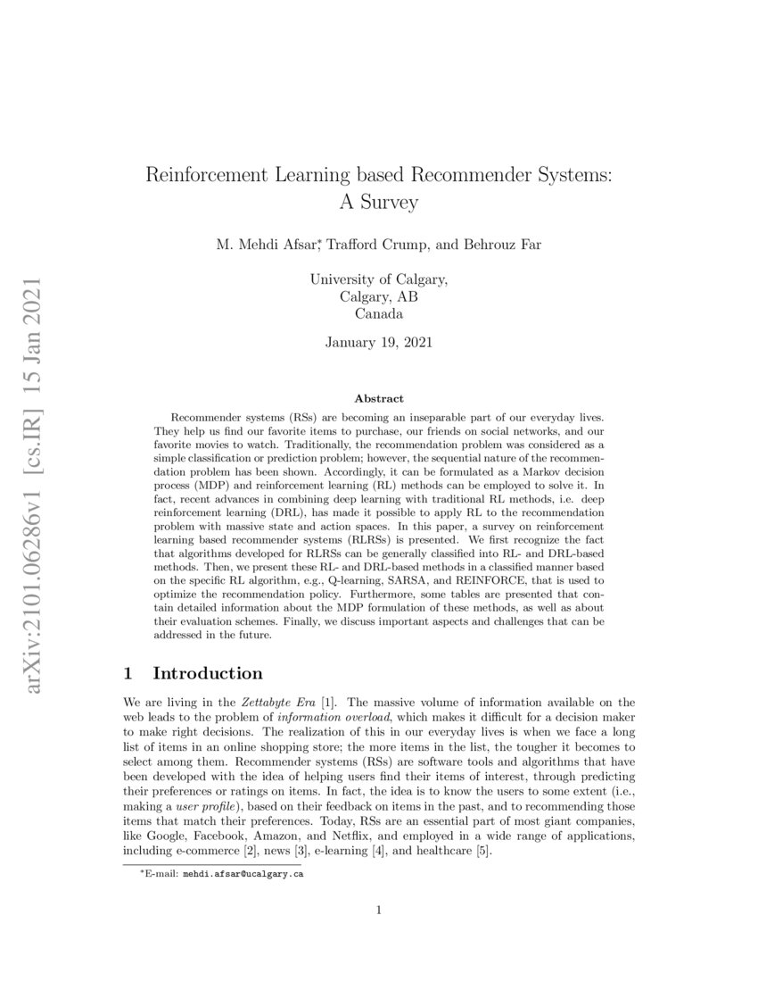 Reinforcement Learning Based Recommender Systems A Survey Deepai Reinforcement Learning Based Recommender Systems A Survey Deepai