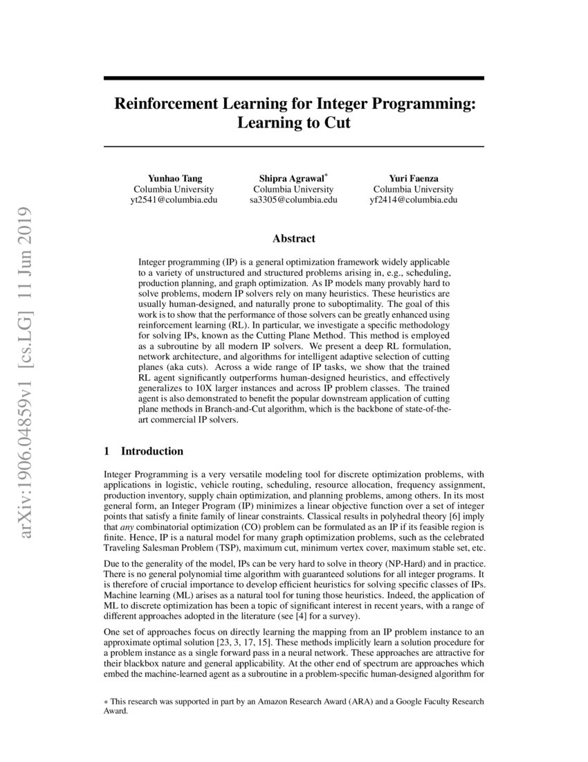 Reinforcement Learning for Integer Programming: Learning to Cut | DeepAI