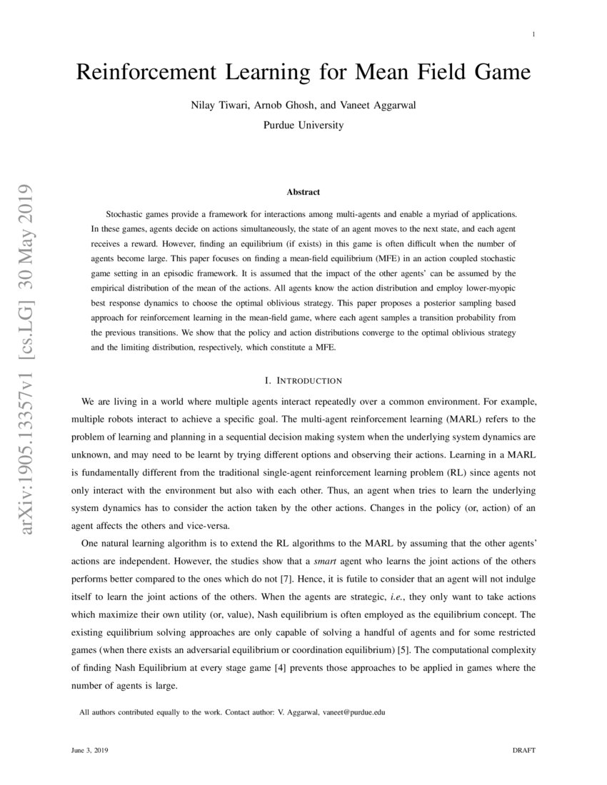 Reinforcement Learning for Mean Field Game DeepAI