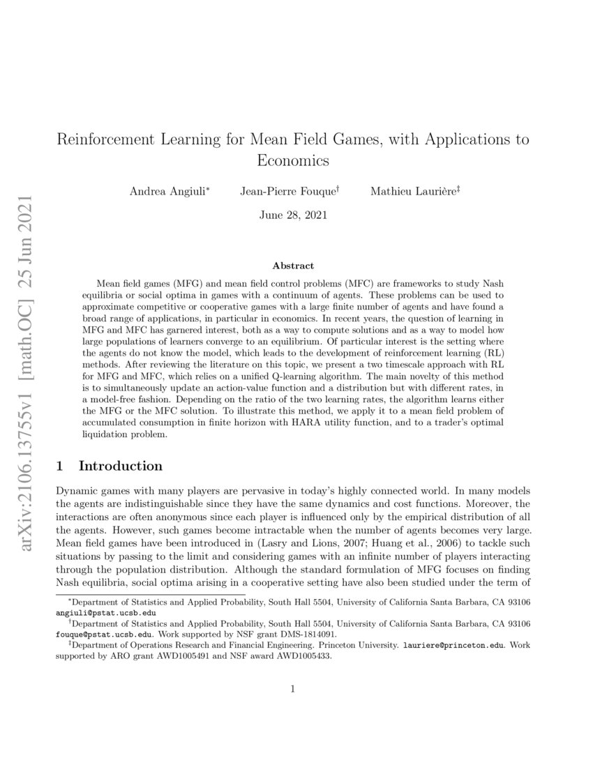 Reinforcement Learning for Mean Field Games, with Applications to