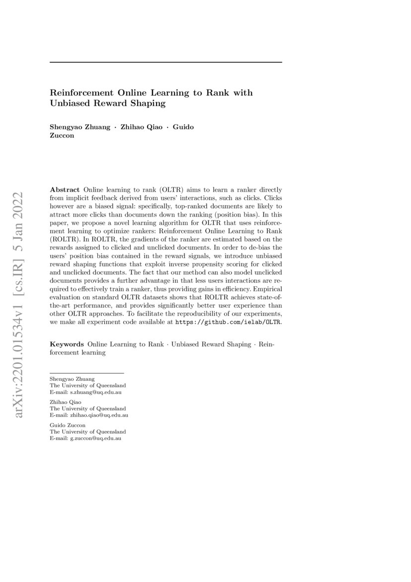 Reinforcement Online Learning to Rank with Unbiased Reward Shaping DeepAI