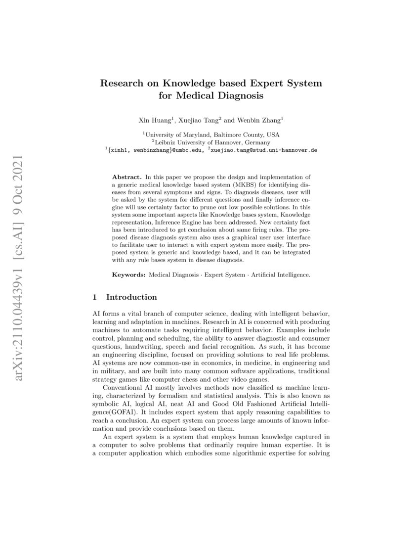 Research on Knowledge based Expert System for Medical Diagnosis DeepAI