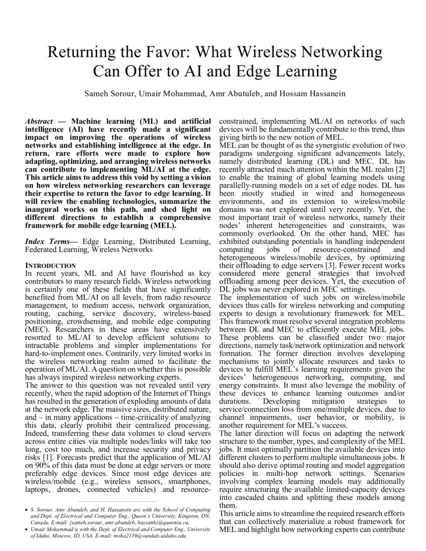 Returning the Favor What Wireless Networking Can Offer to AI and Edge Learning DeepAI