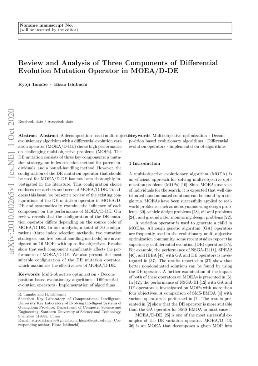 Review and Analysis of Three Components of Differential Evolution