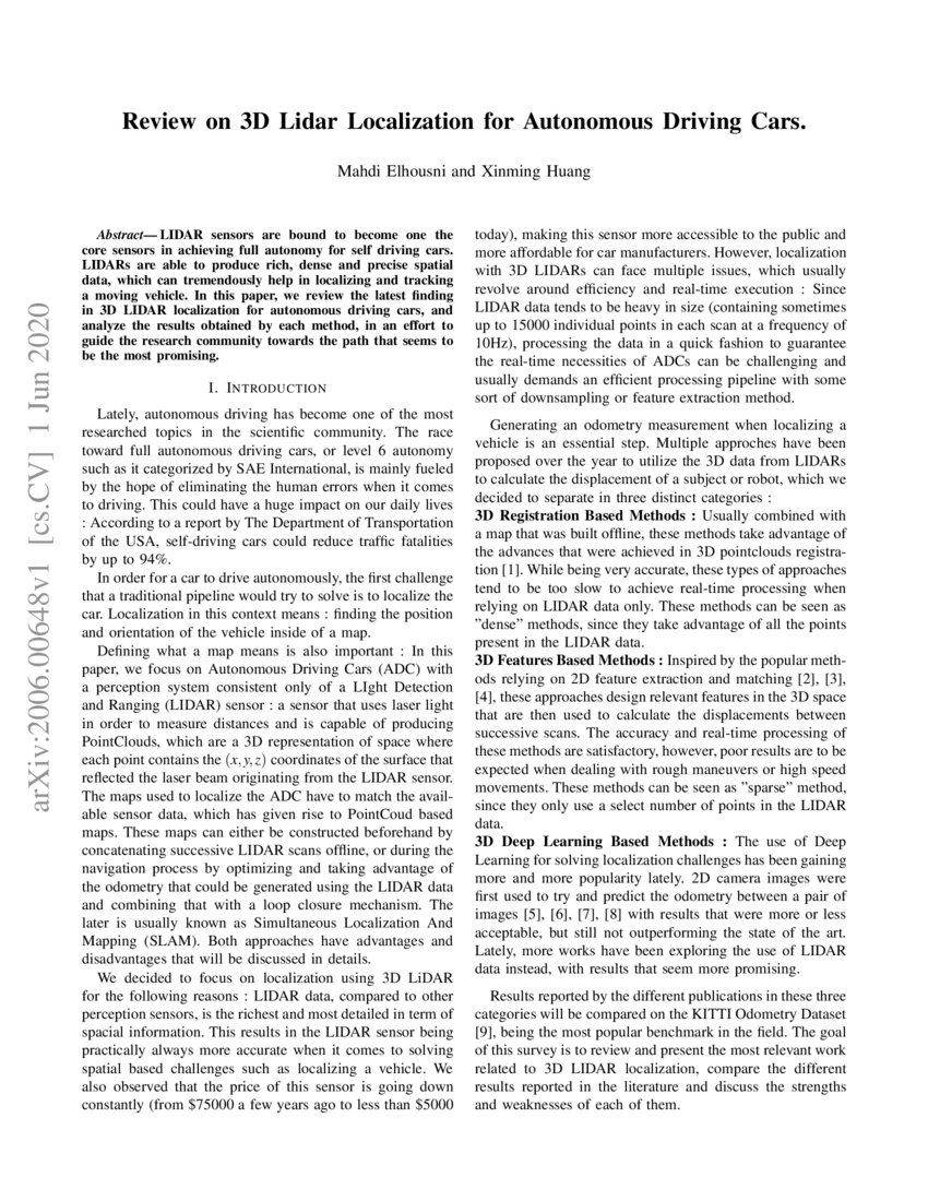 Review on 3D Lidar Localization for Autonomous Driving Cars | DeepAI