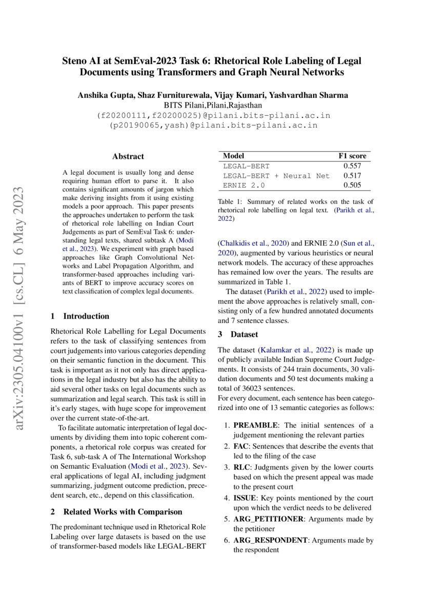 Rhetorical Role Labeling of Legal Documents using Transformers and