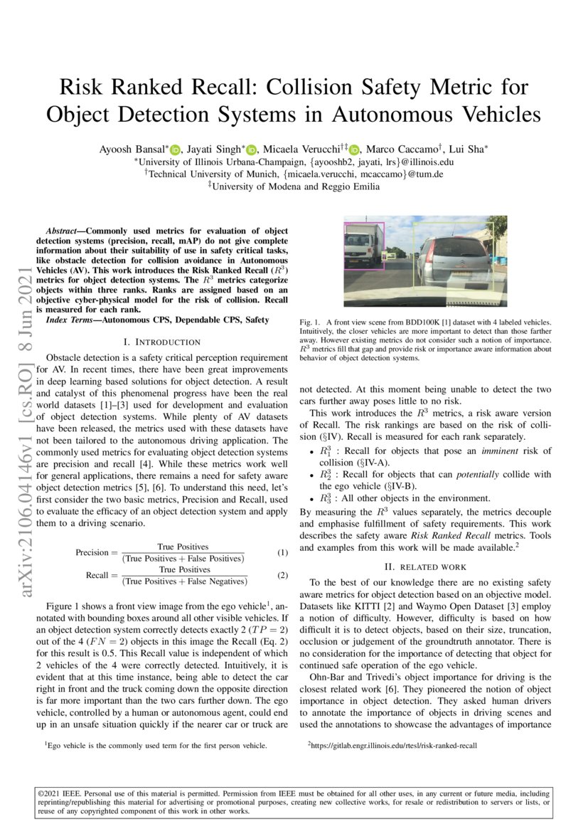 Risk Ranked Recall Collision Safety Metric for Object Detection