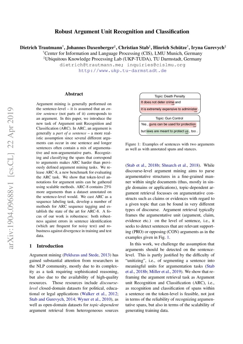 Robust Argument Unit Recognition And Classification