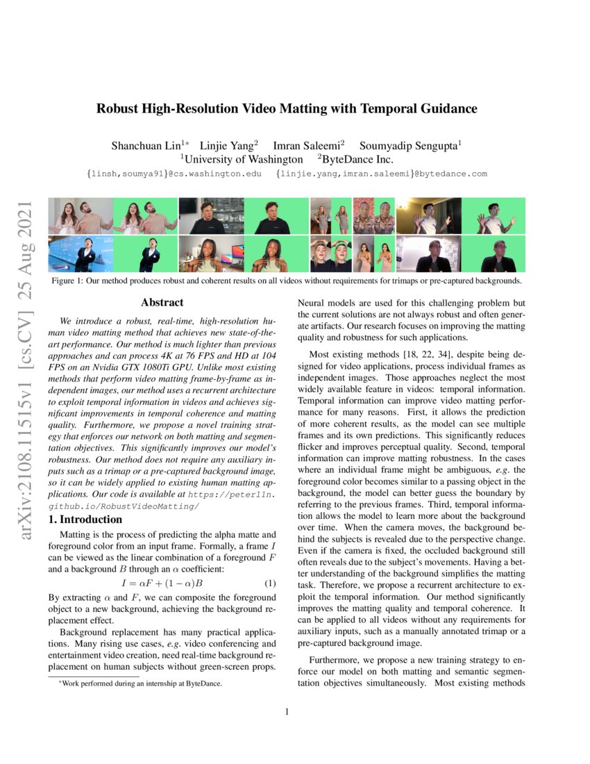 Robust High-Resolution Video Matting with Temporal Guidance | DeepAI