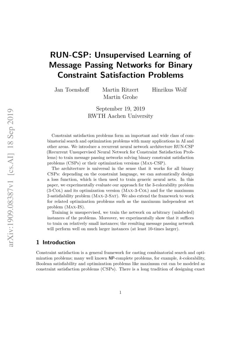 RUNCSP Unsupervised Learning of Message Passing Networks for Binary