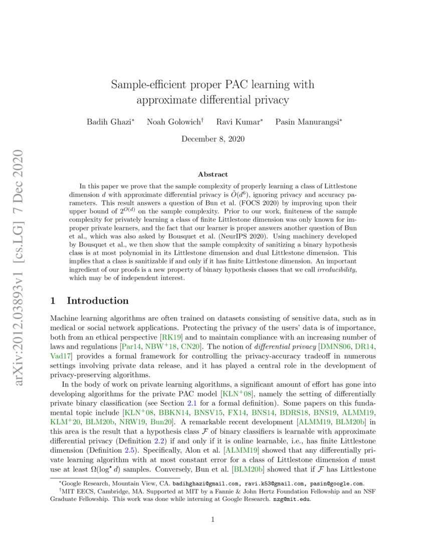 Sampleefficient proper PAC learning with approximate differential
