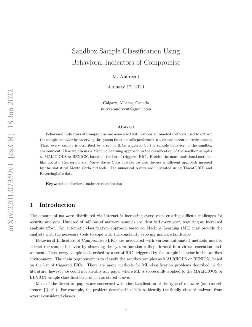 Sandbox Sample Classification Using Behavioral Indicators of Compromise