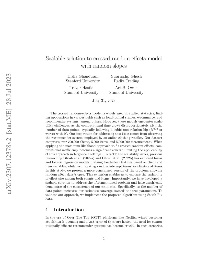 Scalable solution to crossed random effects model with random slopes DeepAI