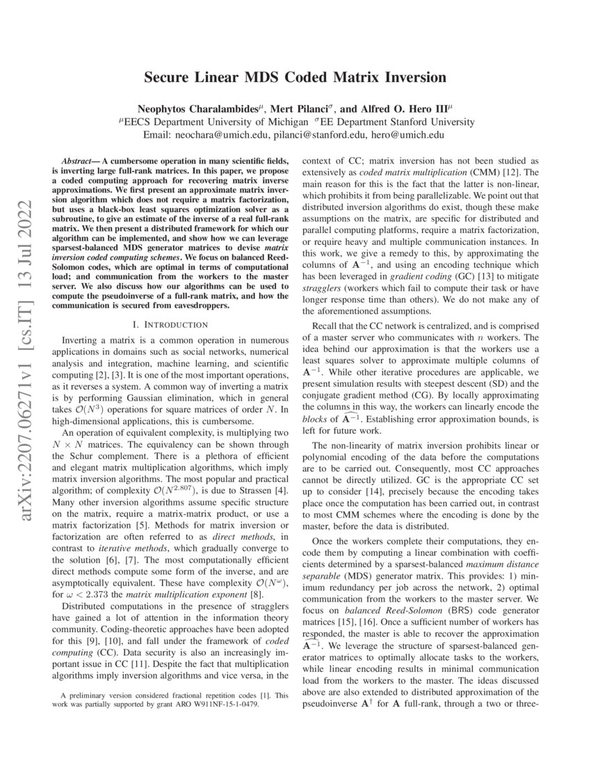 Secure Linear MDS Coded Matrix Inversion | DeepAI
