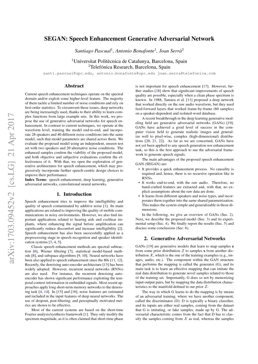 SEGAN Speech Enhancement Generative Adversarial Network DeepAI