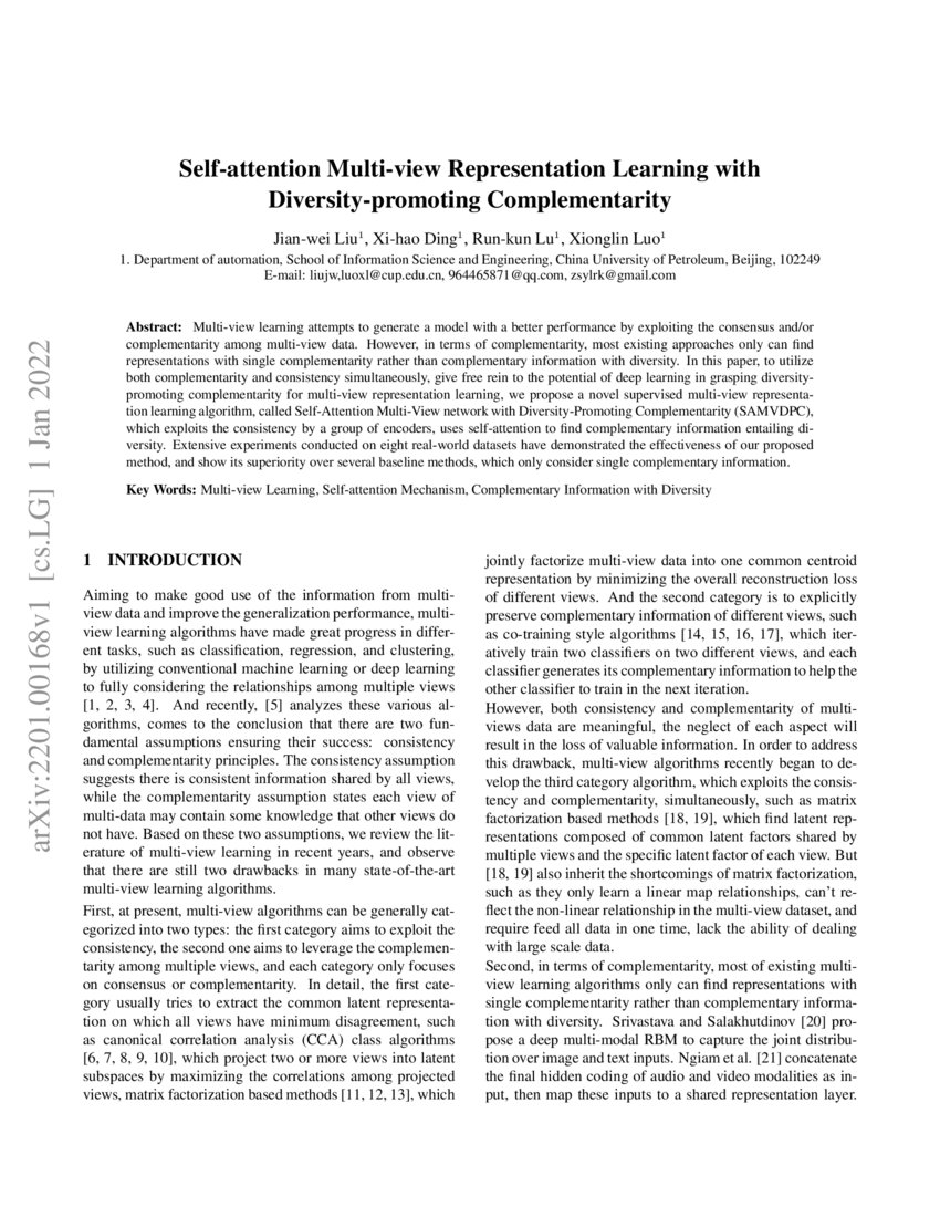 Selfattention Multiview Representation Learning with Diversity