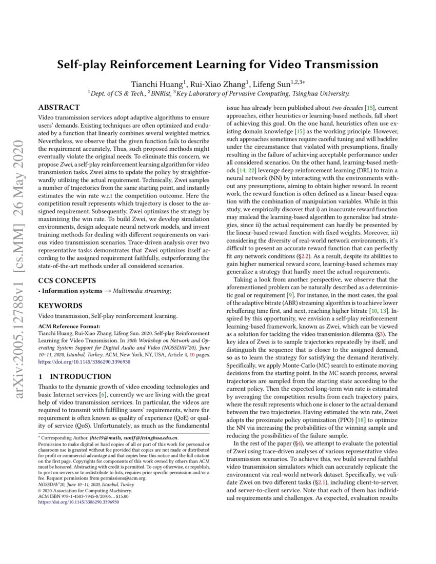 Self-play Reinforcement Learning for Video Transmission | DeepAI