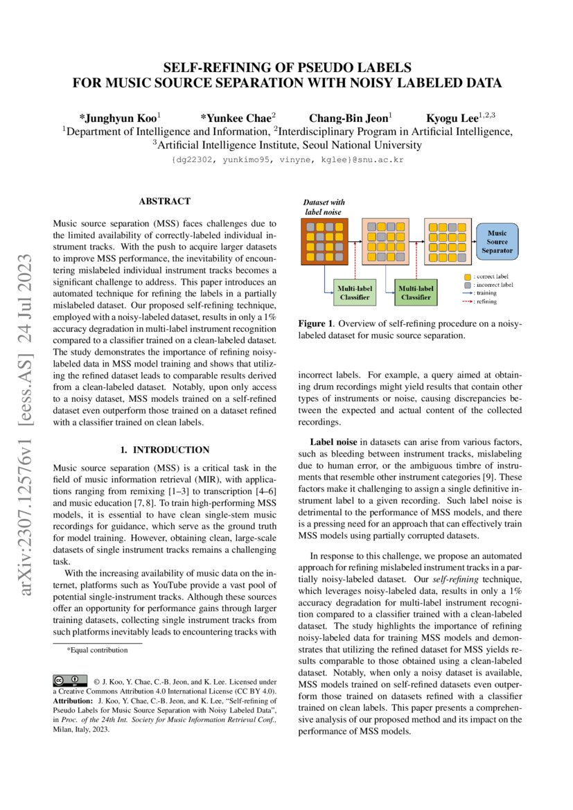 Self-refining of Pseudo Labels for Music Source Separation with Noisy ...