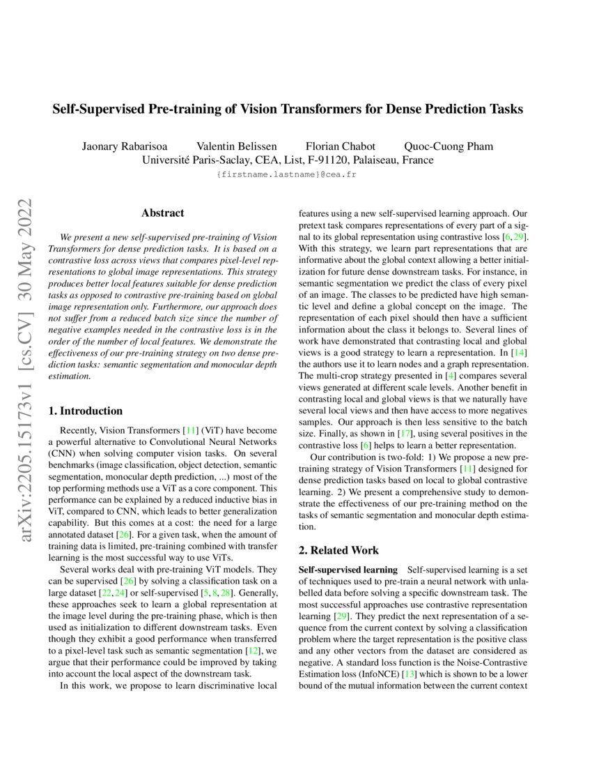 SelfSupervised Pretraining of Vision Transformers for Dense