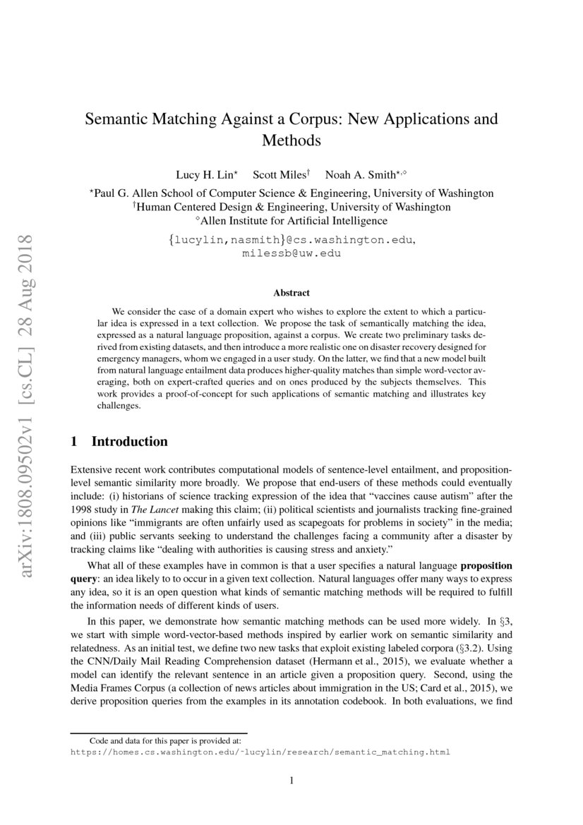 Semantic Matching Against a Corpus New Applications and Methods DeepAI