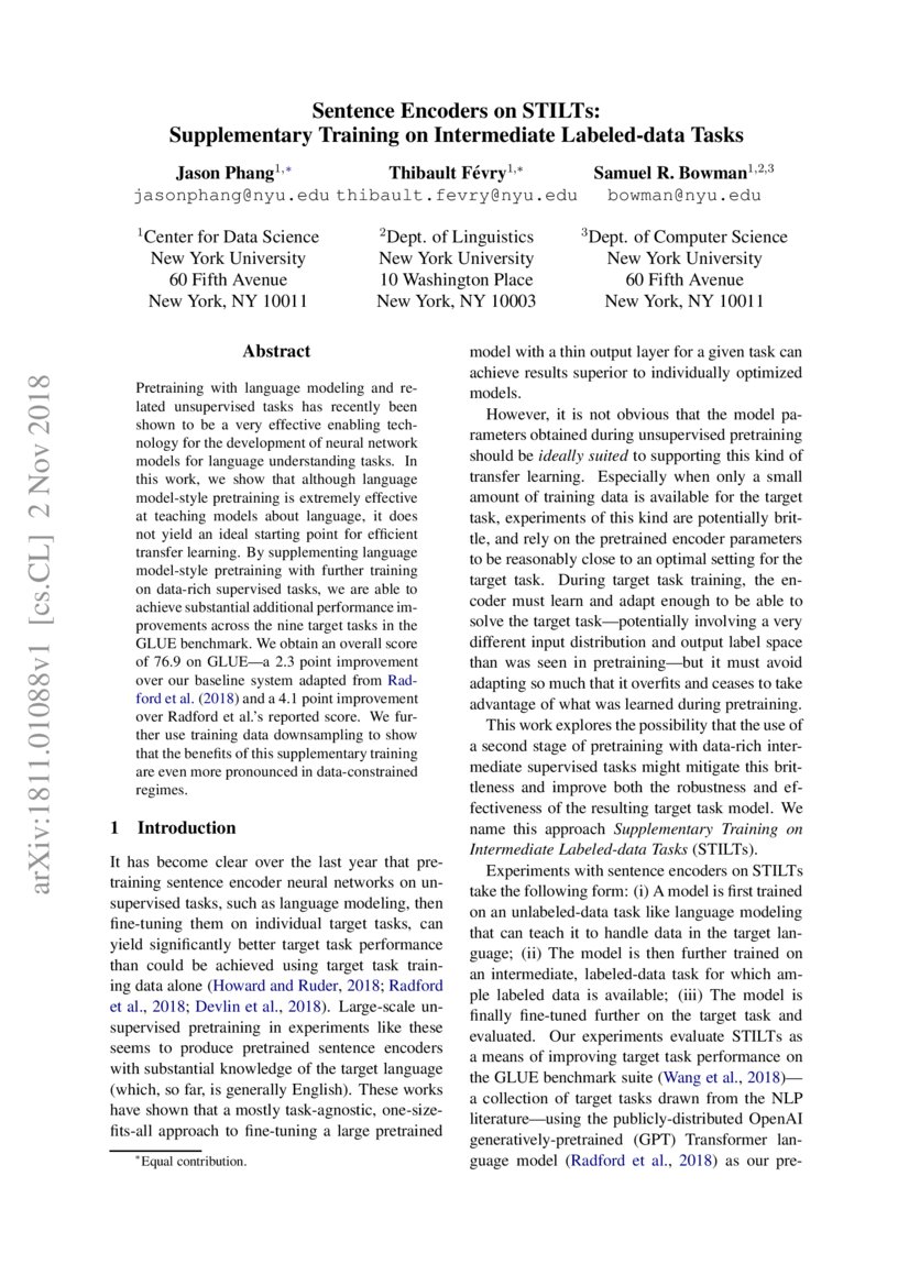 Sentence Encoders on STILTs Supplementary Training on Intermediate