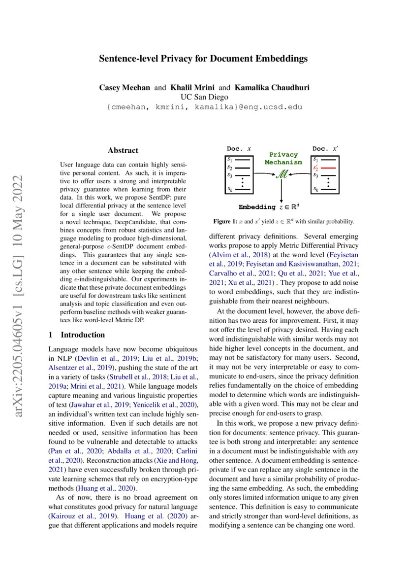 Sentencelevel Privacy for Document Embeddings DeepAI