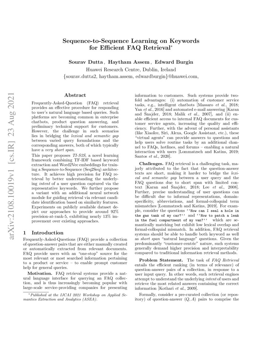 SequencetoSequence Learning on Keywords for Efficient FAQ Retrieval DeepAI