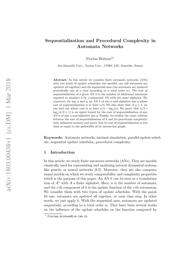 Sequentialization and Procedural Complexity in Automata Networks | DeepAI