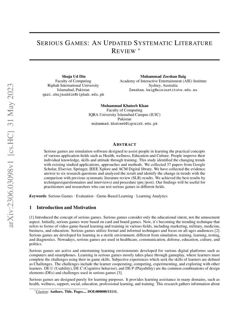 Serious Games An Updated Systematic Literature Review DeepAI