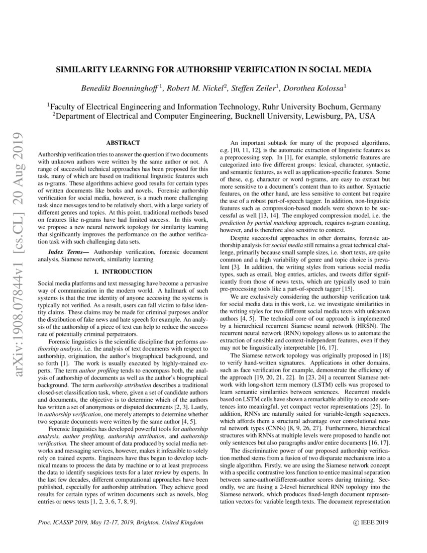 Similarity Learning for Authorship Verification in Social Media | DeepAI