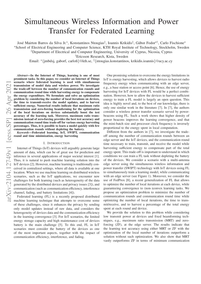 Simultaneous Wireless Information and Power Transfer for Federated ...