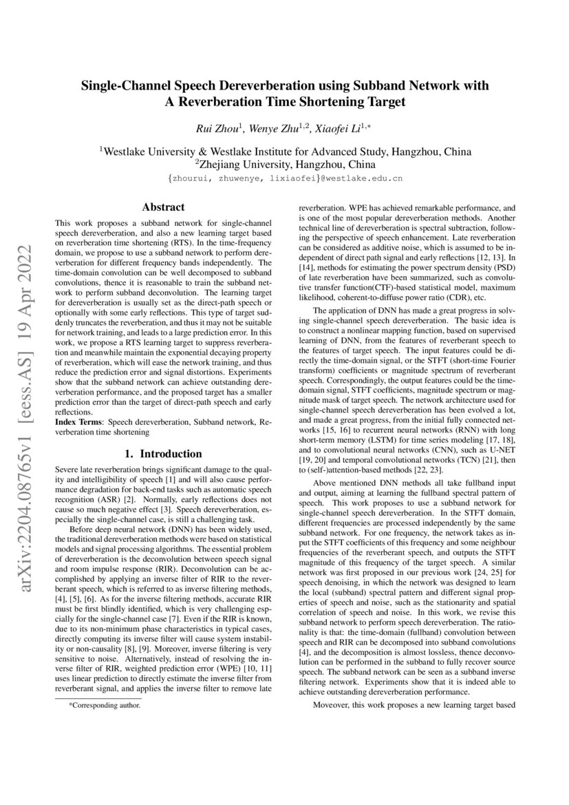 SingleChannel Speech Dereverberation using Subband Network with A