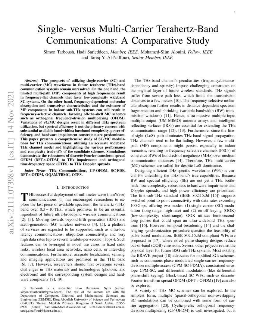 Single versus MultiCarrier TerahertzBand Communications A Comparative Study DeepAI