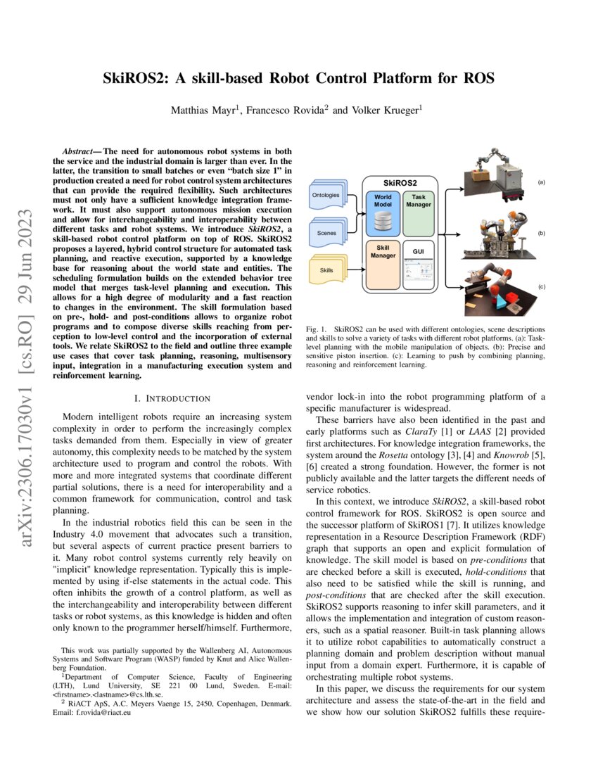 SkiROS2 A skillbased Robot Control Platform for ROS DeepAI