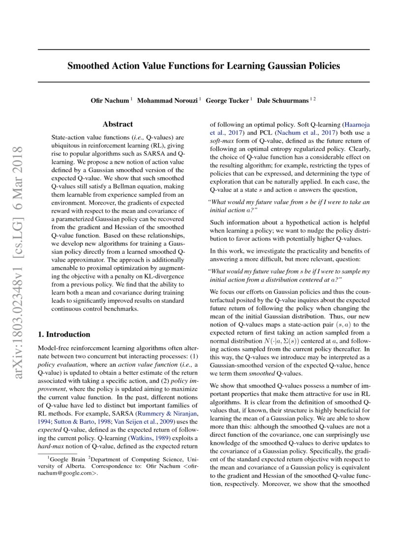 Smoothed Action Value Functions for Learning Gaussian Policies DeepAI