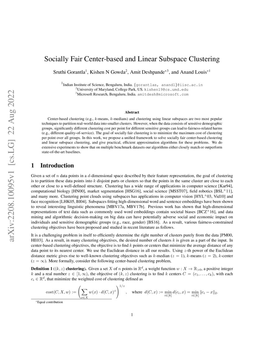 Socially Fair Centerbased and Linear Subspace Clustering DeepAI