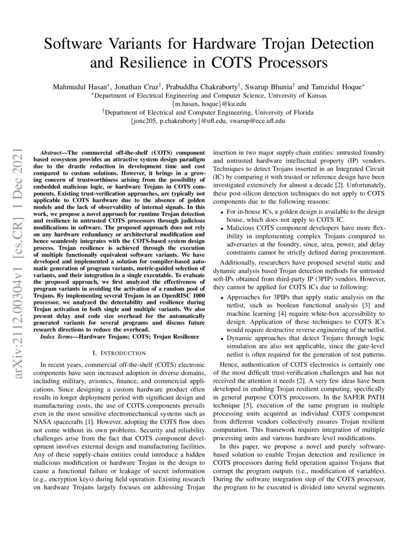 Software Variants for Hardware Trojan Detection and Resilience in COTS