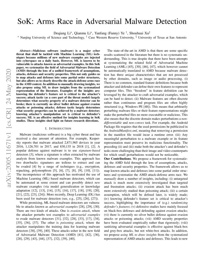 SoK Arms Race in Adversarial Malware Detection DeepAI