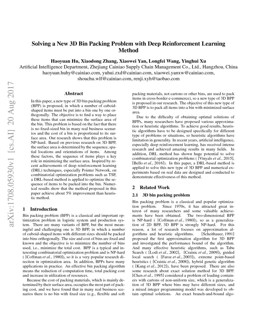Solving A New 3d Bin Packing Problem With Deep Reinforcement Learning Method Deepai Solving A New 3d Bin Packing Problem With Deep Reinforcement Learning Method Deepai