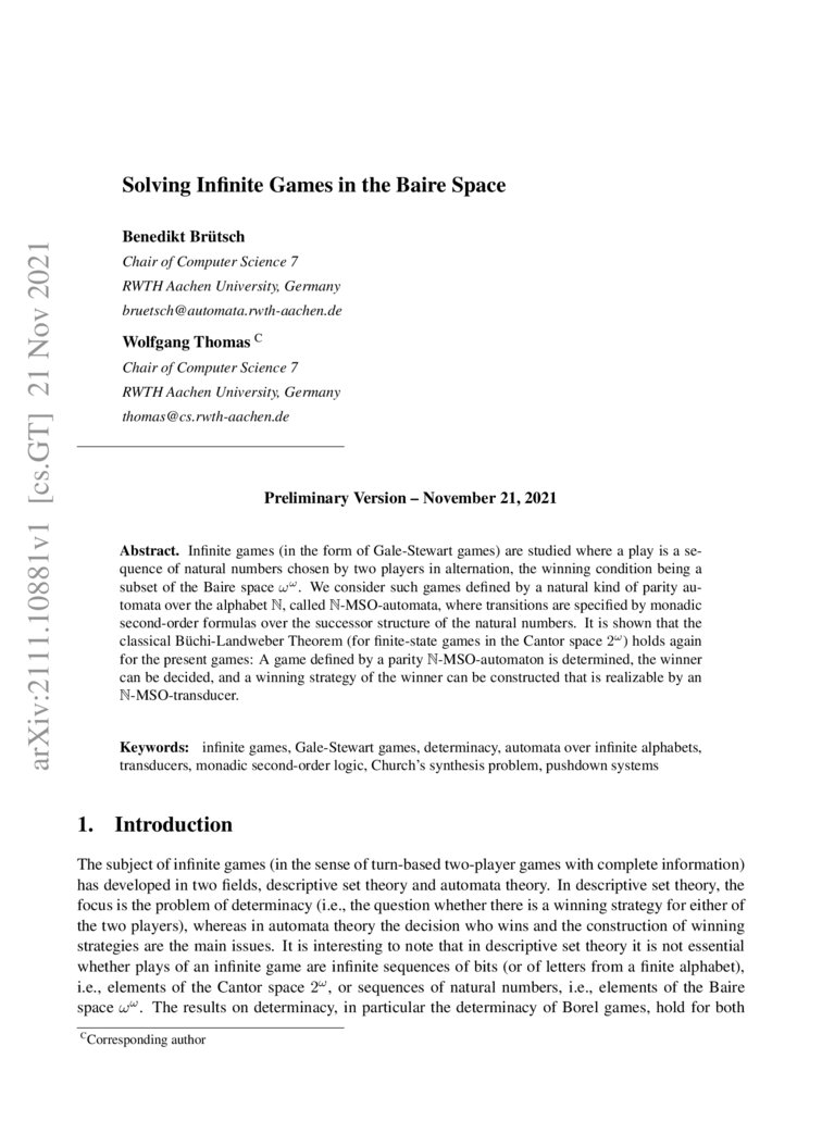 Solving Infinite Games in the Baire Space DeepAI