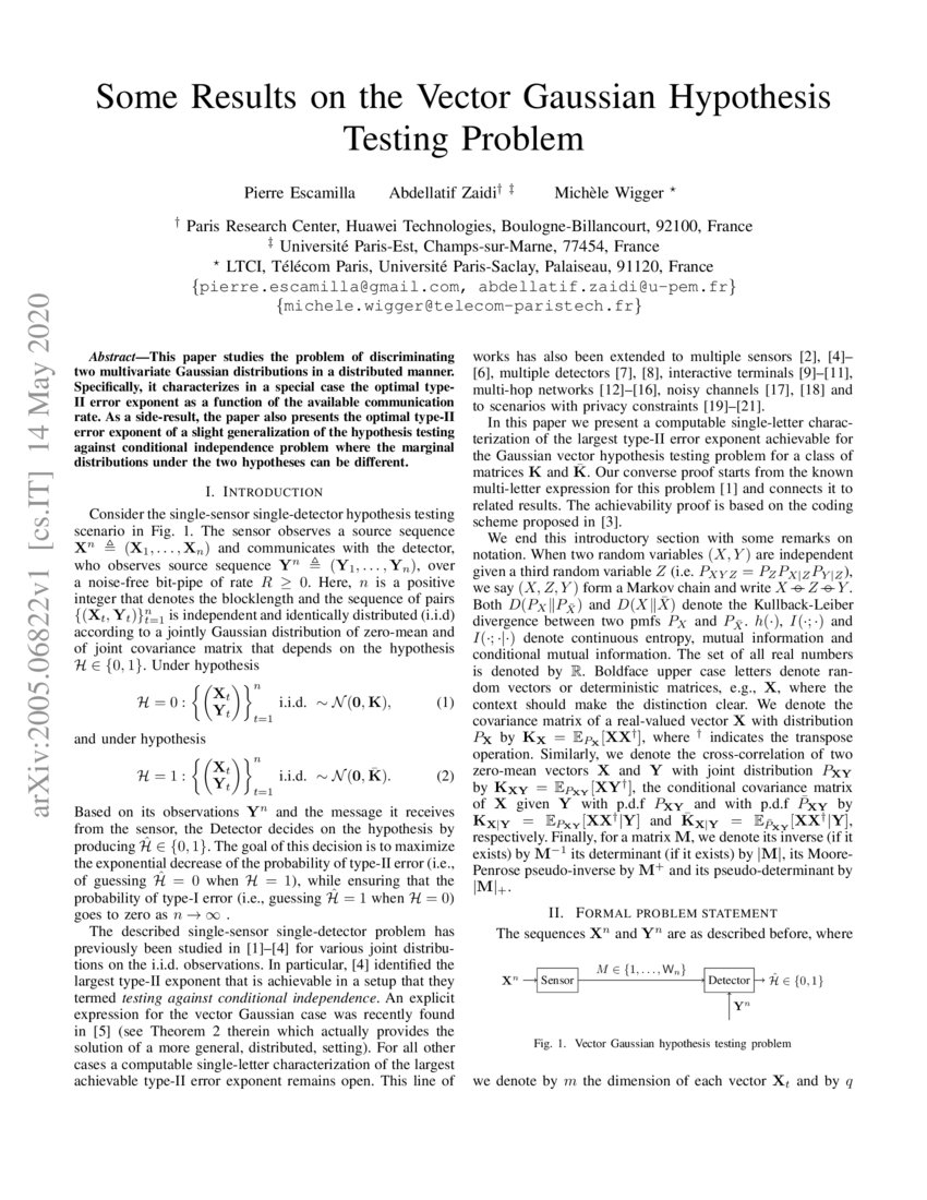 Some Results on the Vector Gaussian Hypothesis Testing Problem | DeepAI