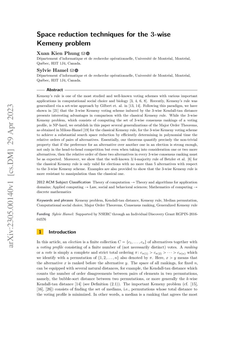 Space reduction techniques for the 3-wise Kemeny problem | DeepAI
