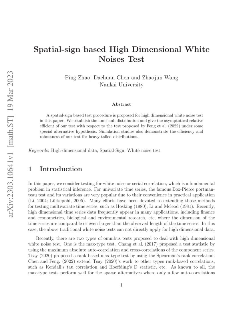 Spatial-sign based High Dimensional White Noises Test | DeepAI